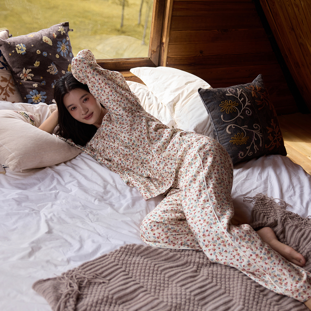 TALASA Red Ditsy Floral Pajama Set · 100% Cotton Lawn · Ruffle Trim