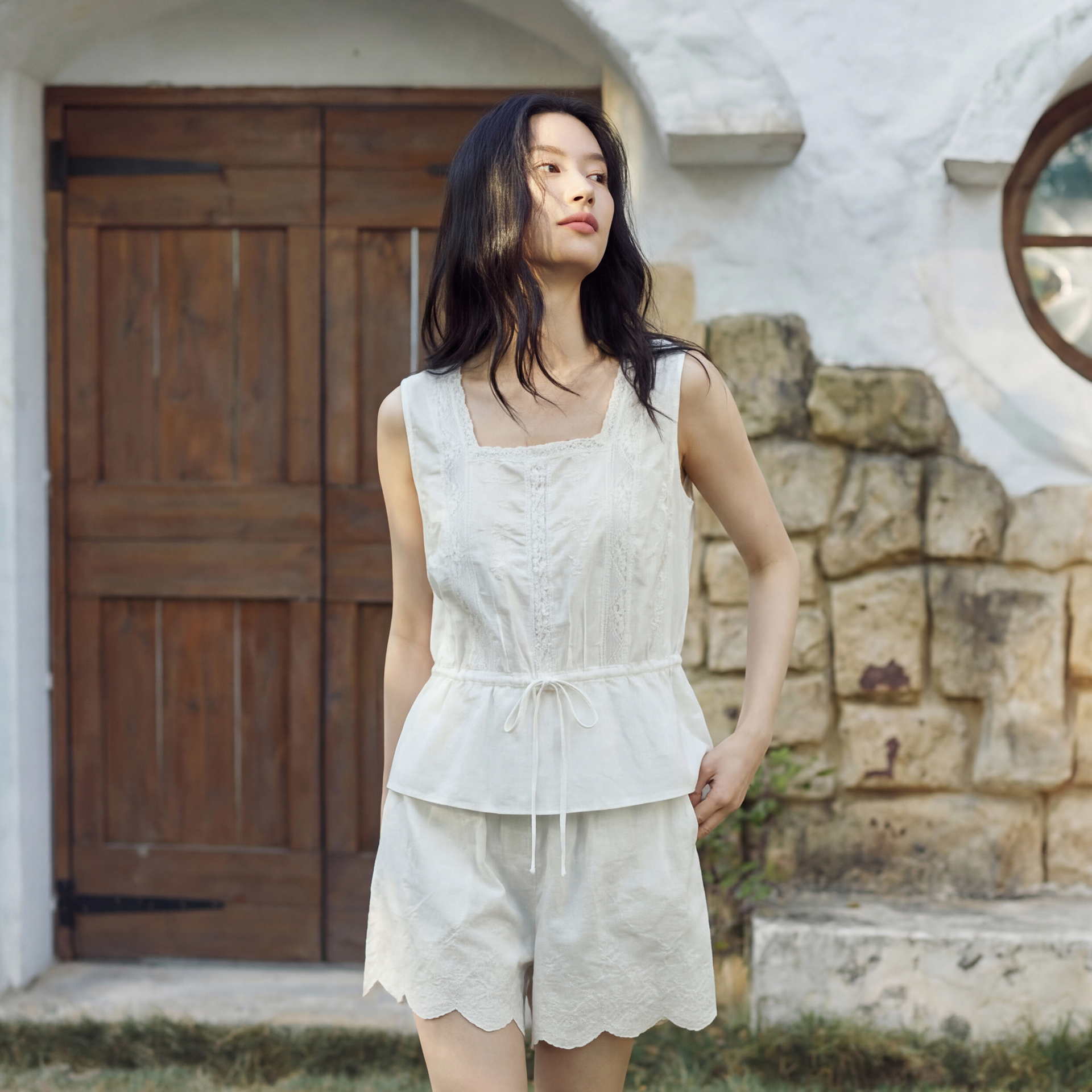 TALASA Cotton Voile Peplum Top · Square Neck · Scalloped Lace