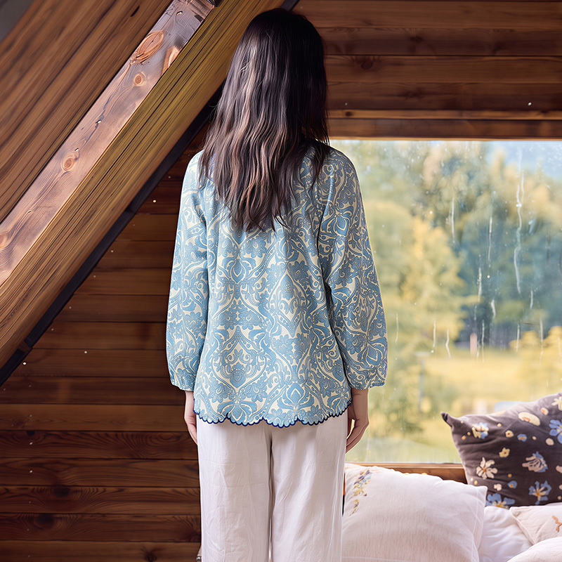 TALASA Printed Pajama Top, 100% Cotton, Long Sleeve Loose Loungewear