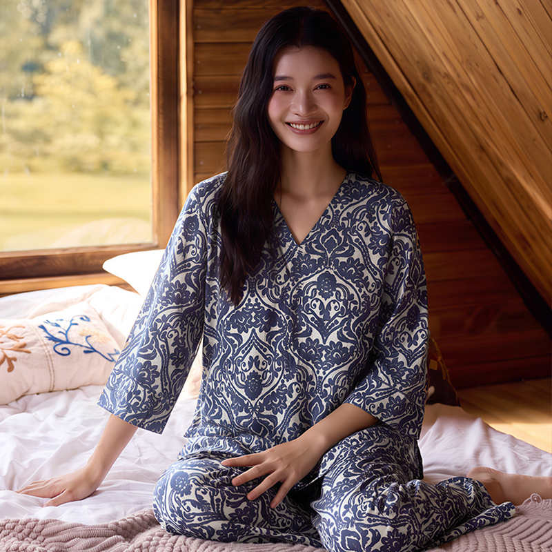 TALASA 100% Cotton Sleep Tee, Green-Blue Paisley Print with Embroidery