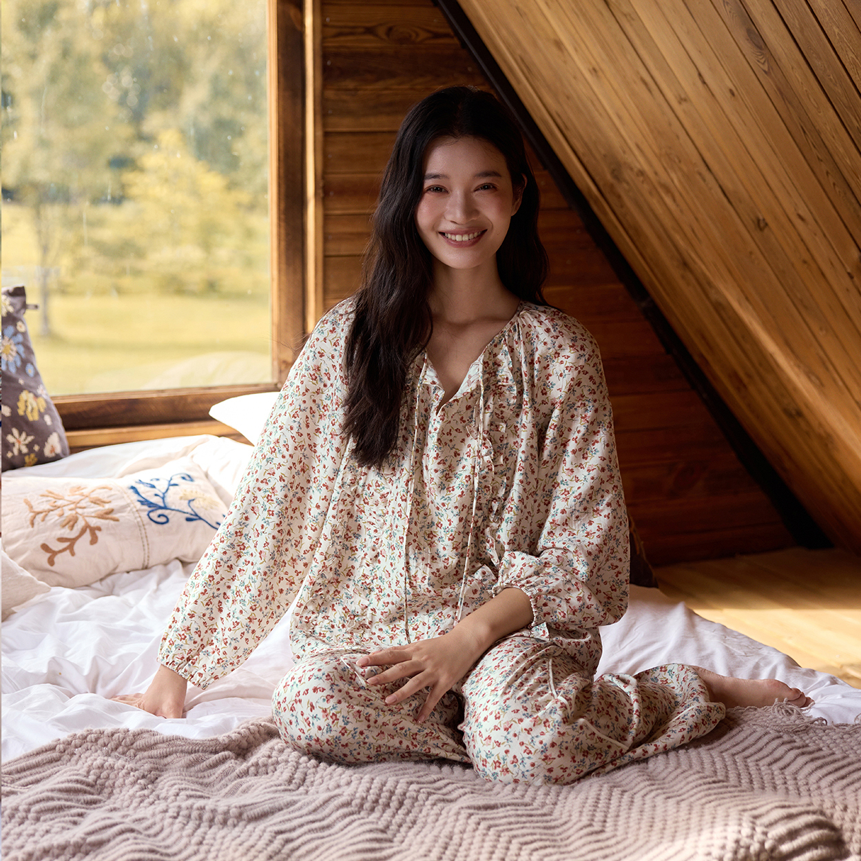 TALASA Red Ditsy Floral Pajama Set · 100% Cotton Lawn · Ruffle Trim