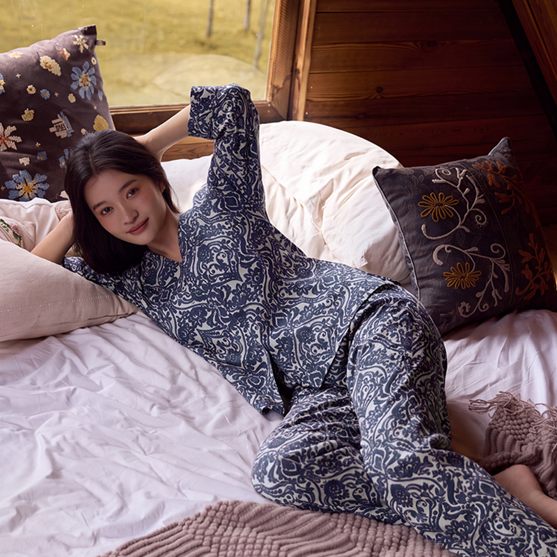 TALASA 100% Cotton Sleep Tee, Green-Blue Paisley Print with Embroidery