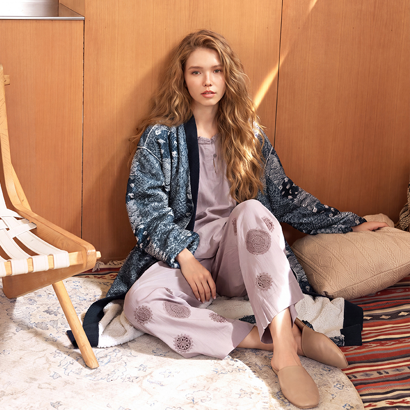 TALASA Coral Fleece Long Loungewear Robe, Indigo Dye Print, Warm