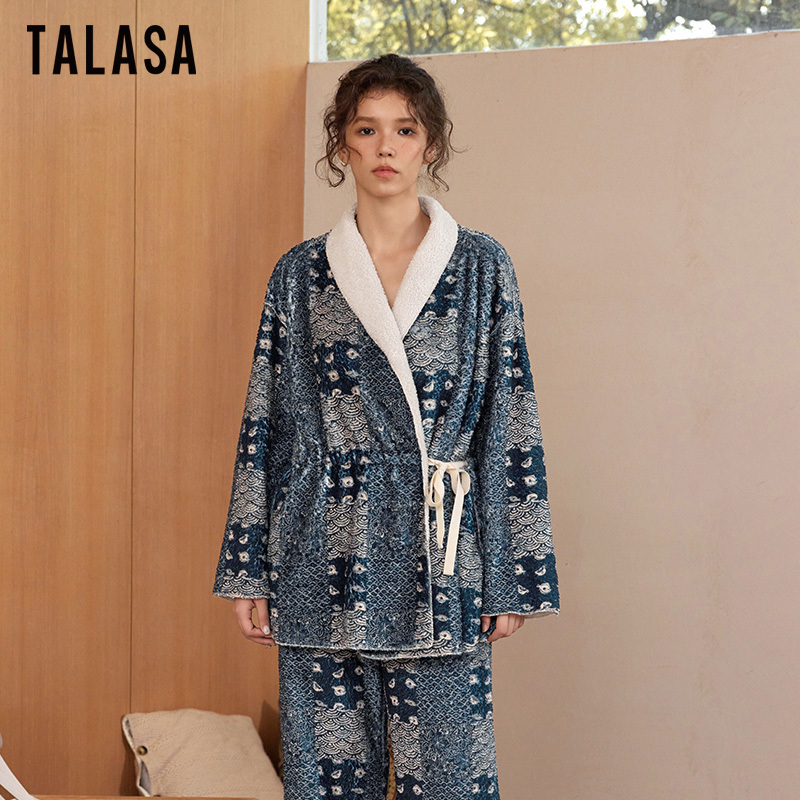 TALASA Teddy Fleece Loungewear Jacket, Indigo Print, Asymmetric Button Tie Belt