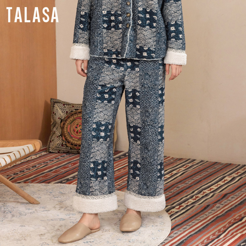 TALASA Teddy Fleece Loungewear Pants, Indigo Print, Loose Straight Leg
