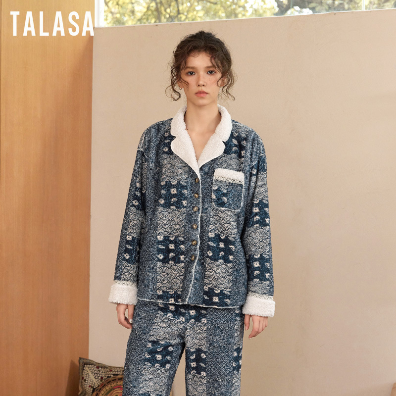 TALASA Indigo Print Teddy Fleece Loungewear Jacket