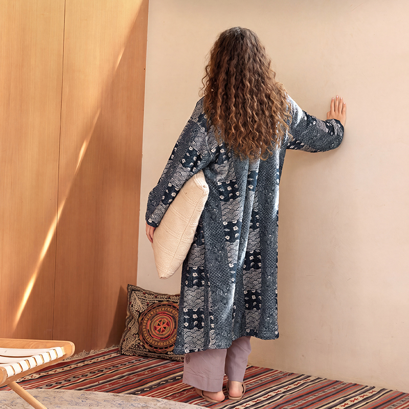 TALASA Coral Fleece Long Loungewear Robe, Indigo Dye Print, Warm