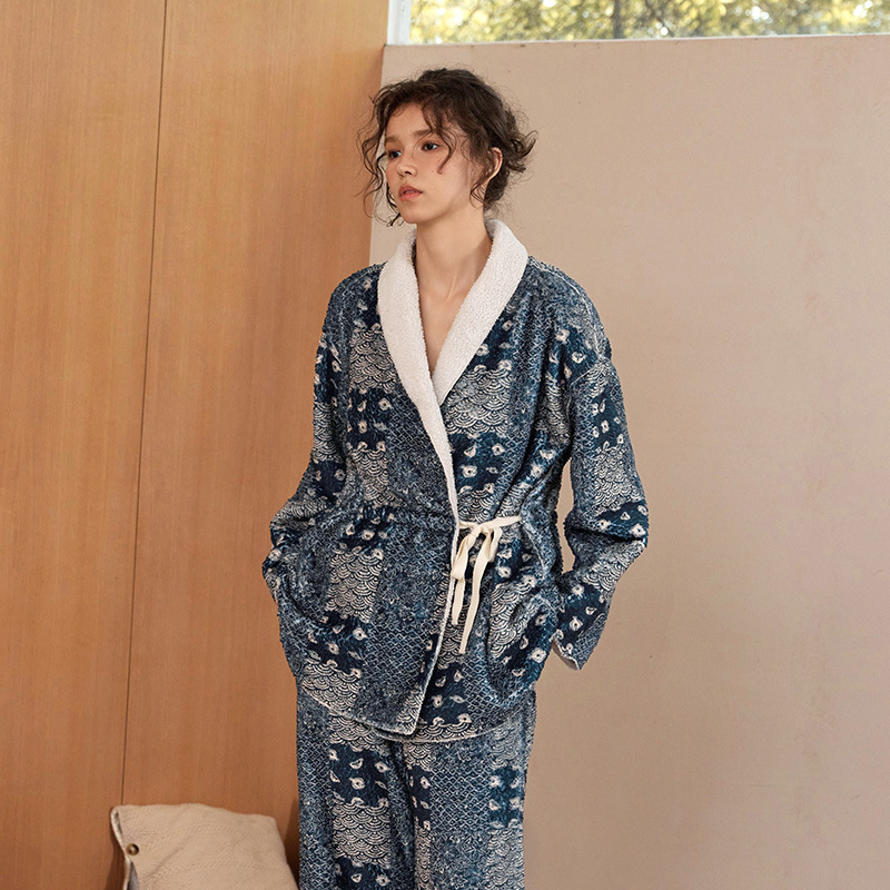 TALASA Teddy Fleece Loungewear Jacket, Indigo Print, Asymmetric Button Tie Belt