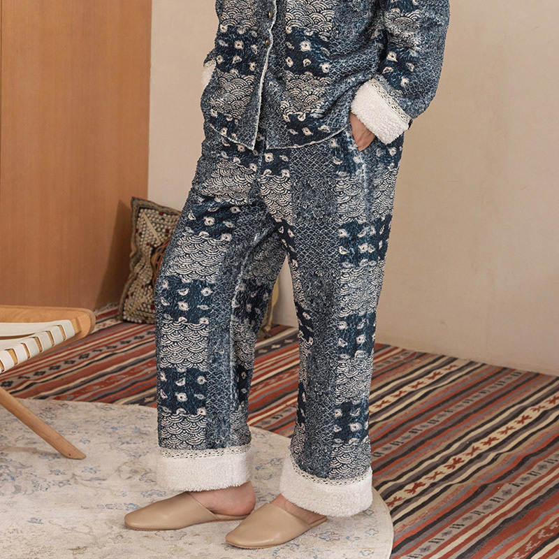 TALASA Teddy Fleece Loungewear Pants, Indigo Print, Loose Straight Leg