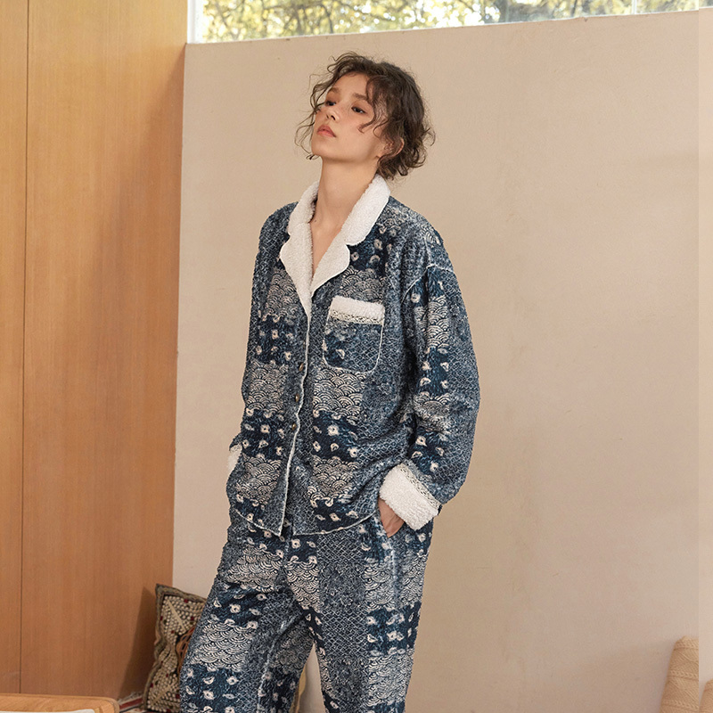 TALASA Indigo Print Teddy Fleece Loungewear Jacket