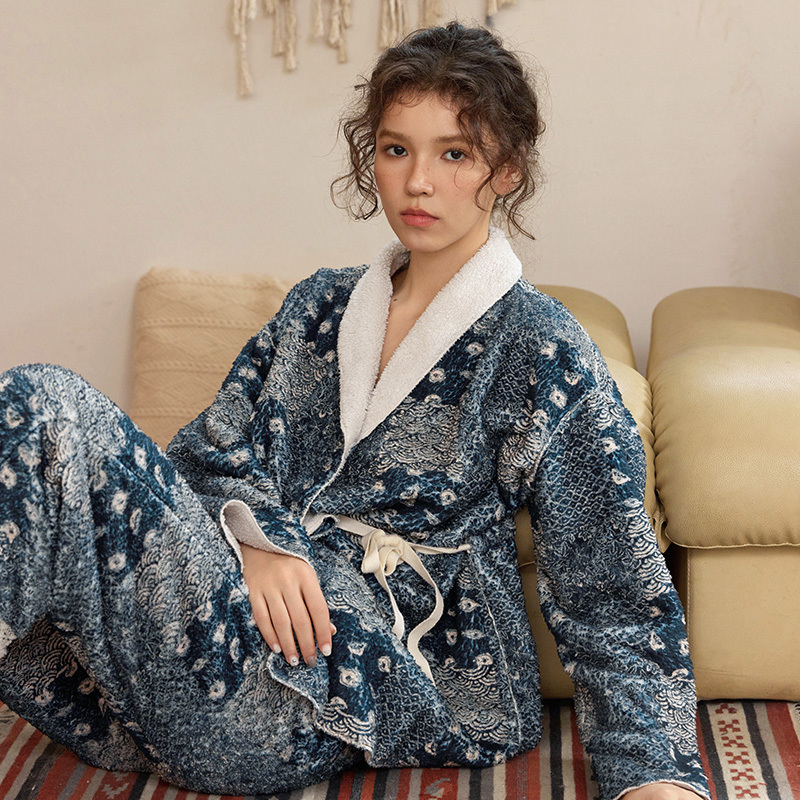 TALASA Teddy Fleece Loungewear Jacket, Indigo Print, Asymmetric Button Tie Belt