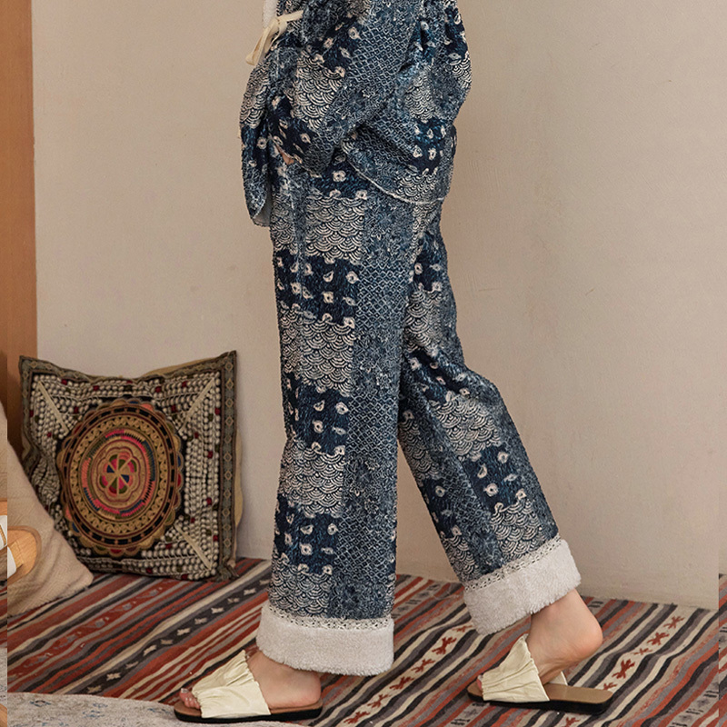 TALASA Teddy Fleece Loungewear Pants, Indigo Print, Loose Straight Leg