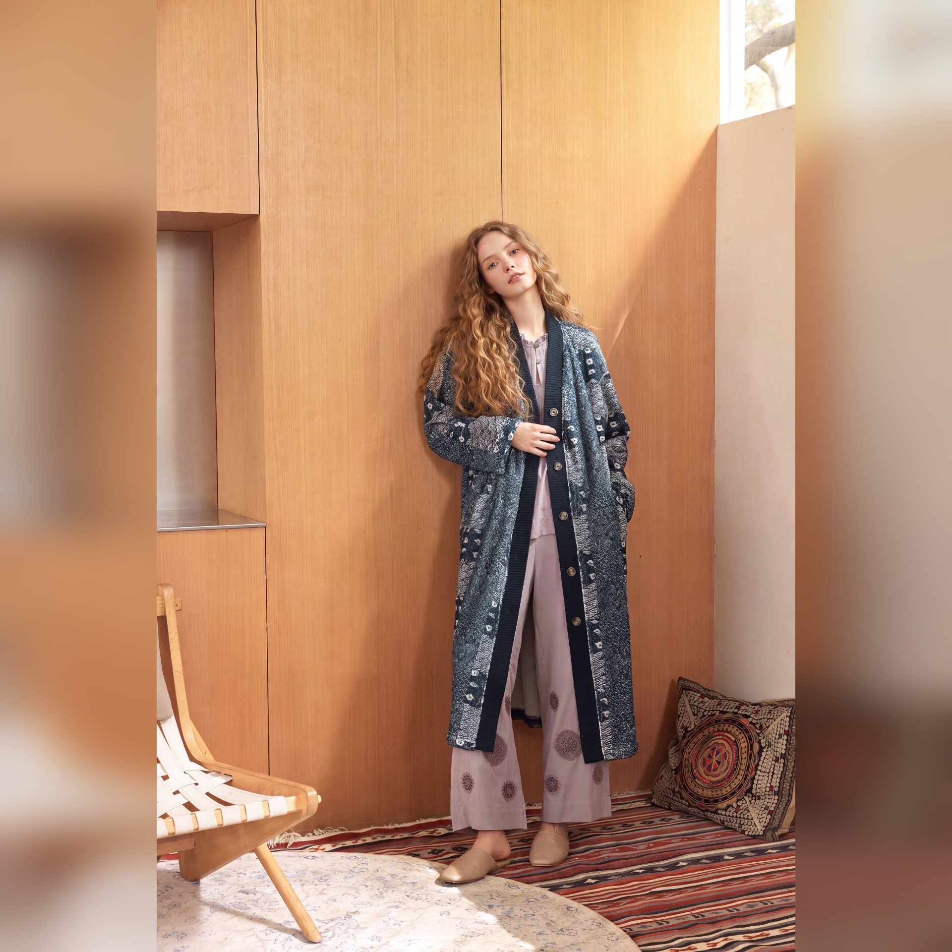 TALASA Coral Fleece Long Loungewear Robe, Indigo Dye Print, Warm