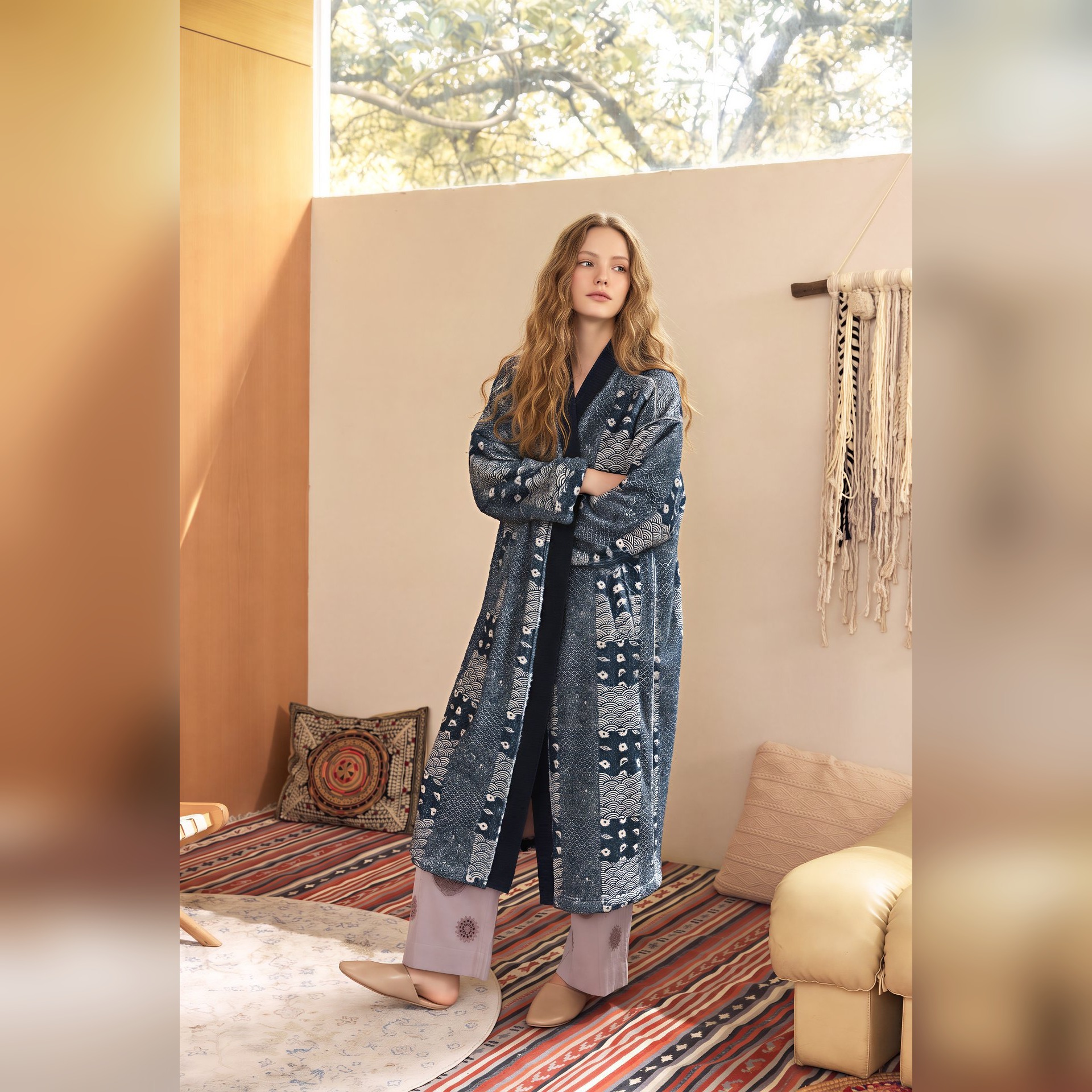 TALASA Coral Fleece Long Loungewear Robe, Indigo Dye Print, Warm