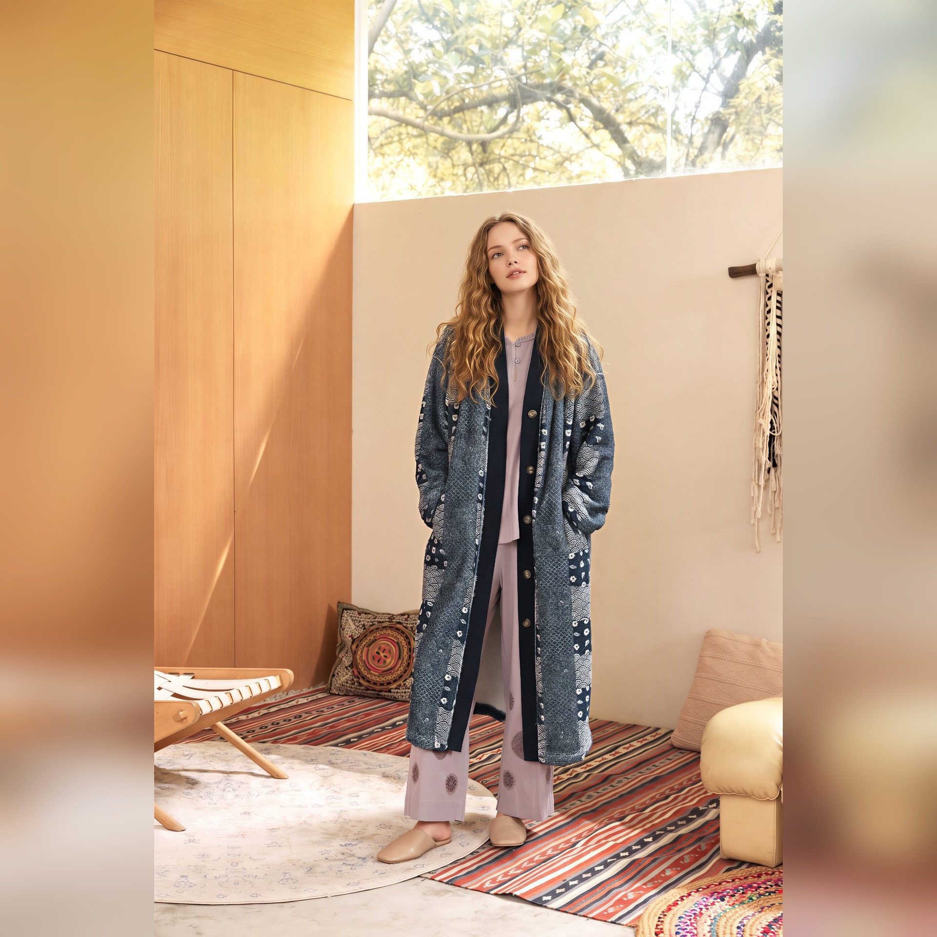 TALASA Coral Fleece Long Loungewear Robe, Indigo Dye Print, Warm