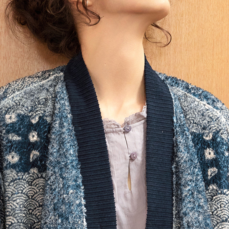 TALASA Coral Fleece Long Loungewear Robe, Indigo Dye Print, Warm