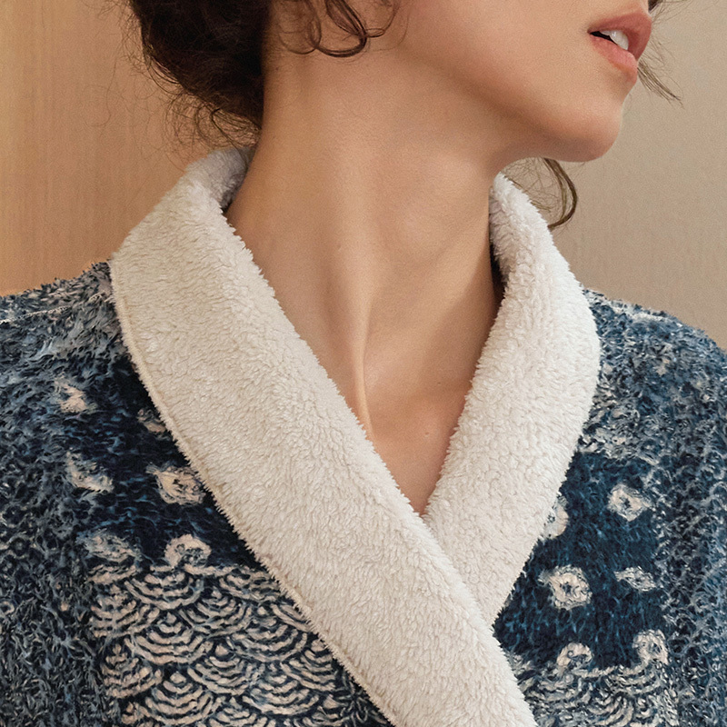 TALASA Teddy Fleece Loungewear Jacket, Indigo Print, Asymmetric Button Tie Belt