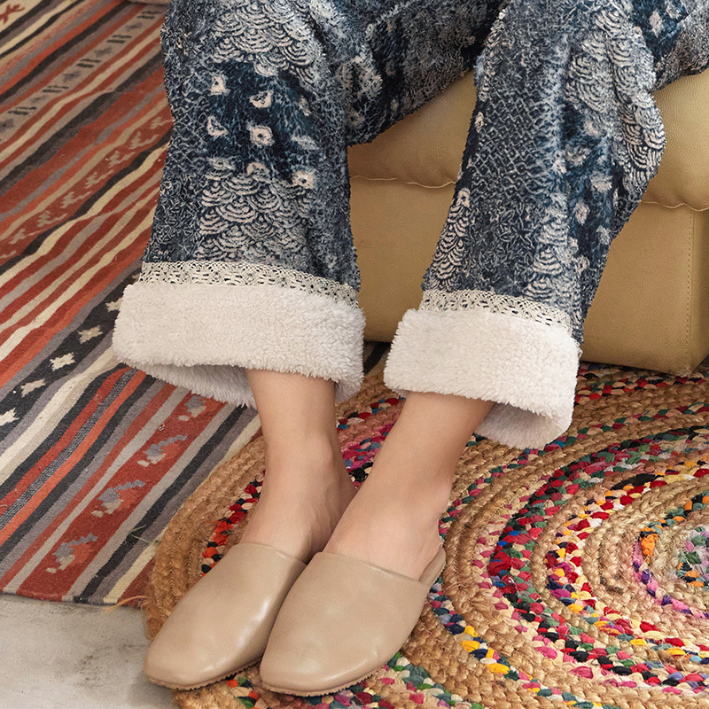 TALASA Teddy Fleece Loungewear Pants, Indigo Print, Loose Straight Leg