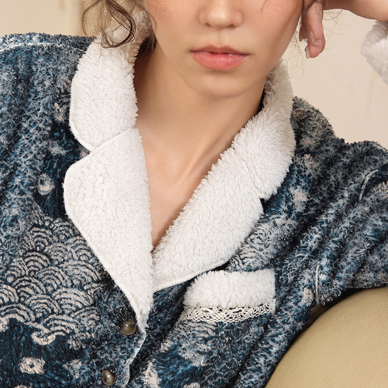 TALASA Indigo Print Teddy Fleece Loungewear Jacket