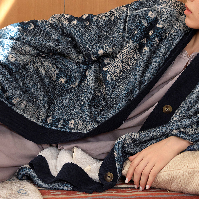 TALASA Coral Fleece Long Loungewear Robe, Indigo Dye Print, Warm