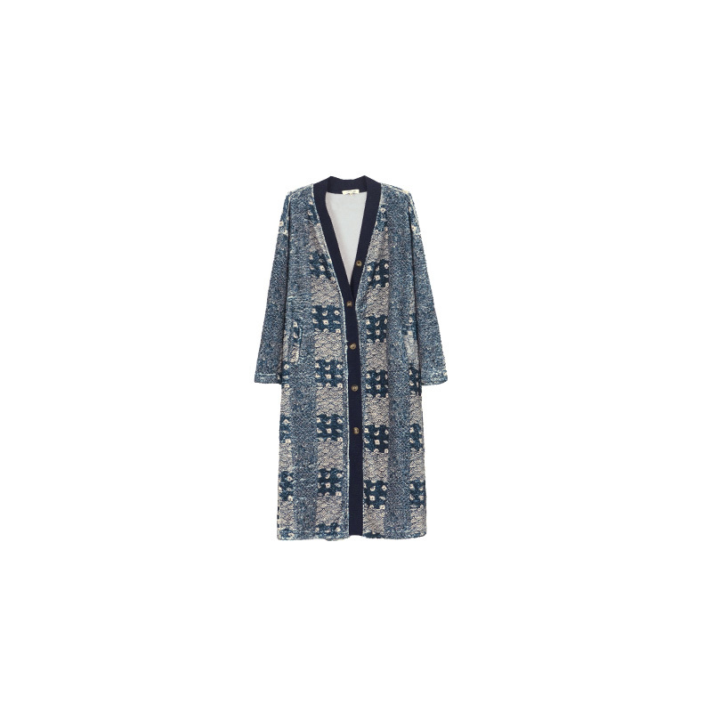 TALASA Coral Fleece Long Loungewear Robe, Indigo Dye Print, Warm