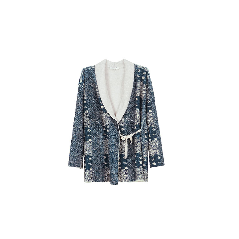 TALASA Teddy Fleece Loungewear Jacket, Indigo Print, Asymmetric Button Tie Belt
