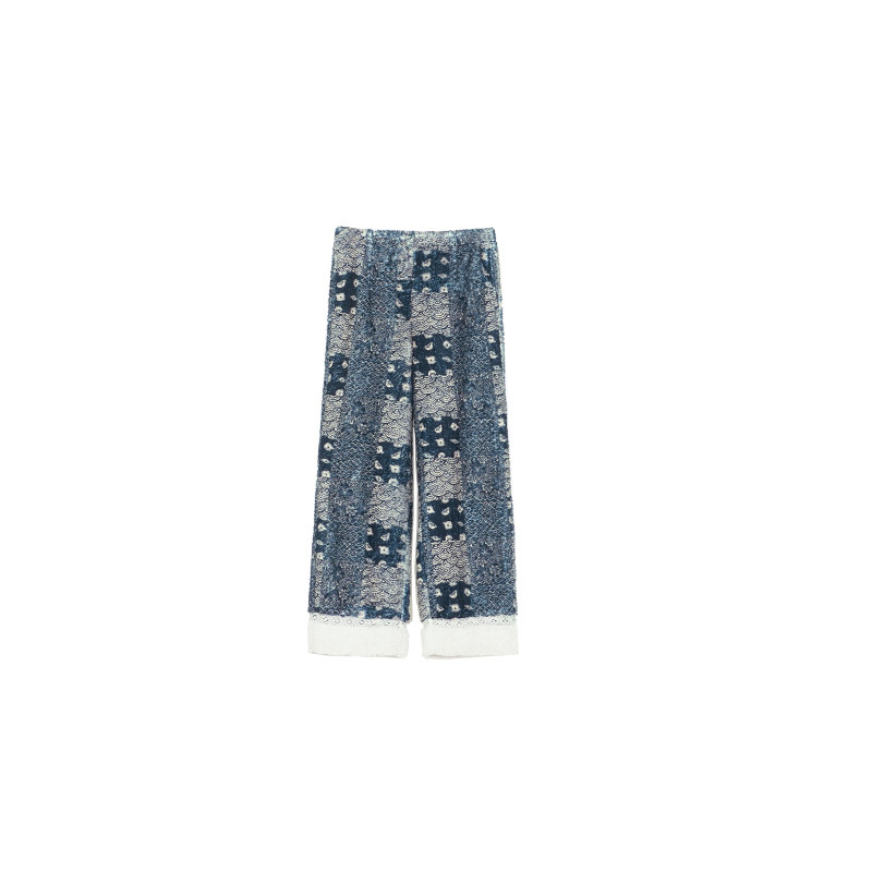 TALASA Teddy Fleece Loungewear Pants, Indigo Print, Loose Straight Leg