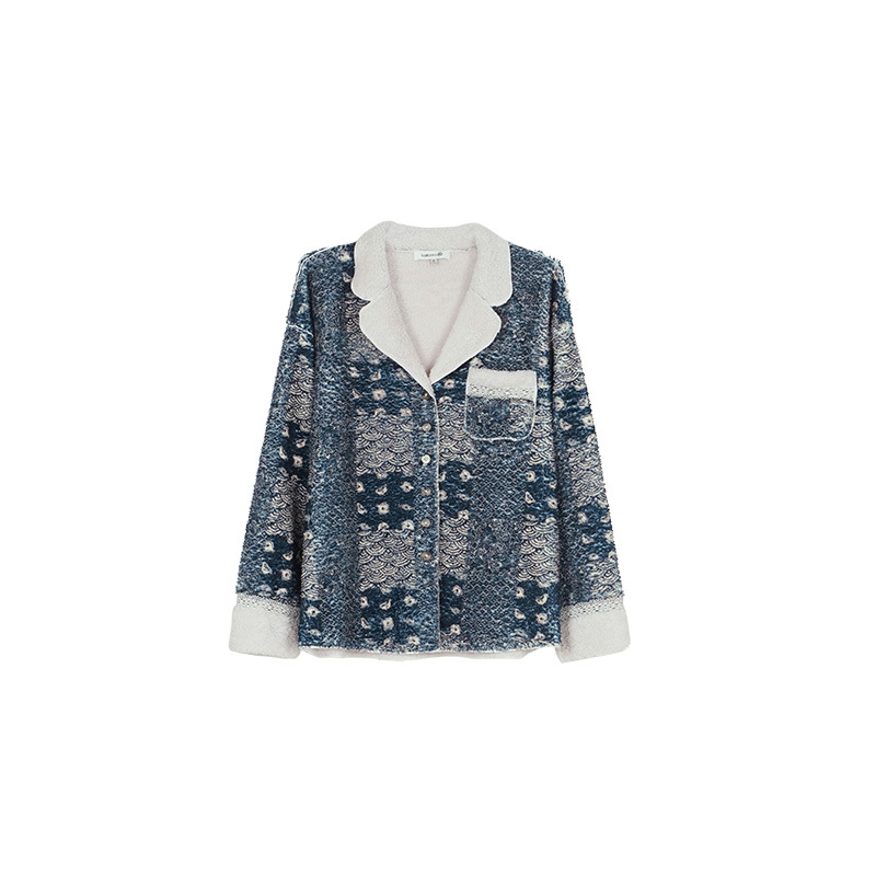 TALASA Indigo Print Teddy Fleece Loungewear Jacket
