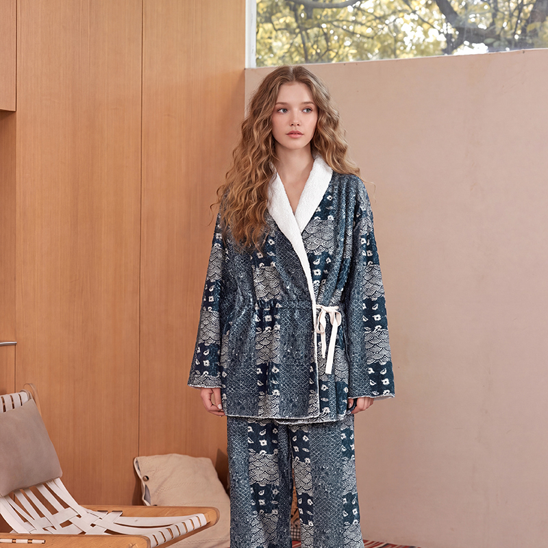 TALASA Teddy Fleece Loungewear Jacket, Indigo Print, Asymmetric Button Tie Belt