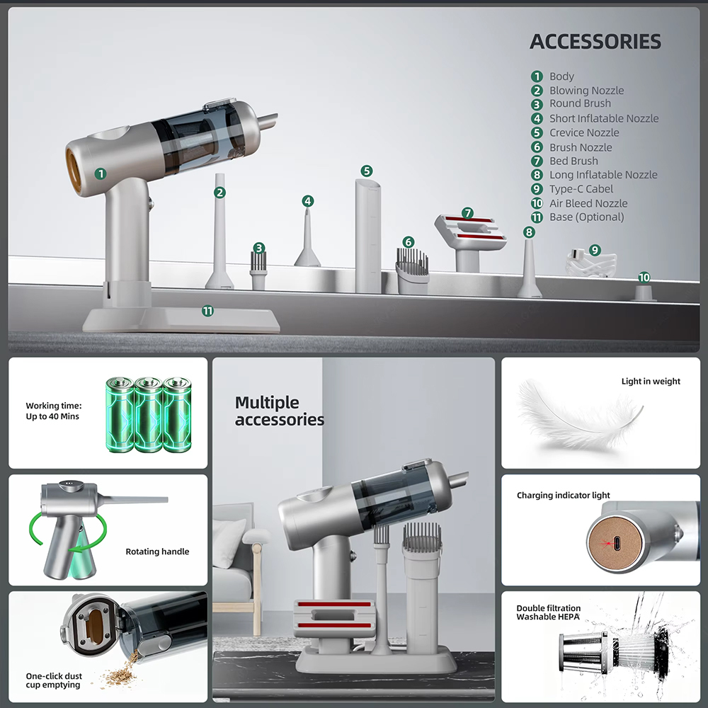 Cordless Car Vacuum Cleaner 18kPa Multi-Nozzles Ikono Ik-015k OEM Supply,Ikono Cleaning Appliance,120W 18KPa 4-in-1 Handheld Wireless Car Vacuum Cleaner