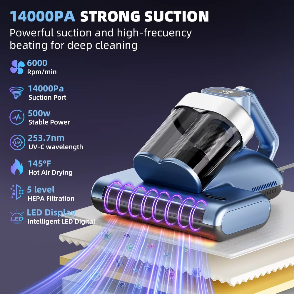Electric Mattress Bed Vacuum Ultrasonic Cleaner Dust Mite Sensor Remover Dry Cyclone Technology UV Light Portable Handheld,Ikono Cleaning Appliance,Digital Display Ultrasonic UV Mattress Dust Mite Vacuum Cleaner