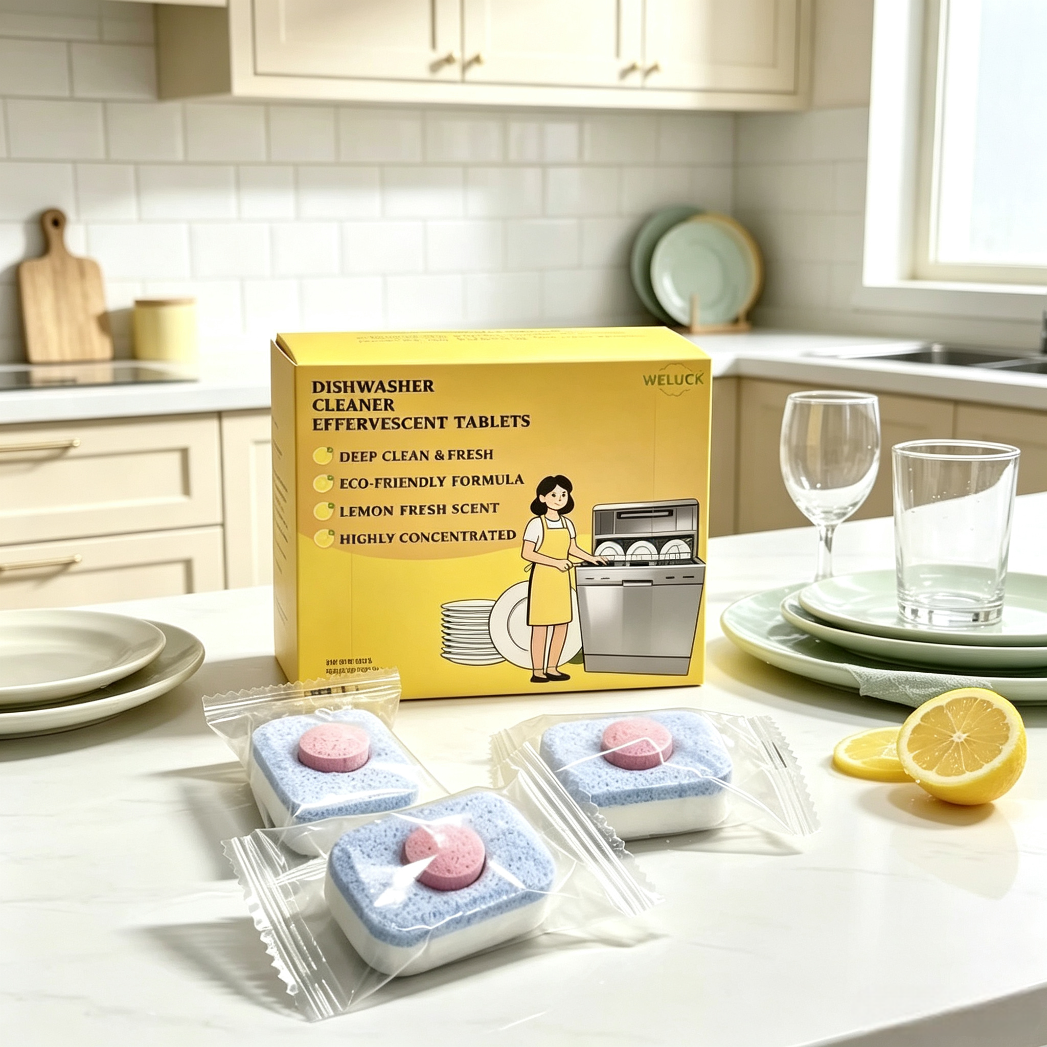 Dishwasher Cleaner Tablets 20 Tablets,gzxidi,WELUCK Dishwasher Cleaner Effervescent Tablets | Lemon Scent Dishwasher Tablets