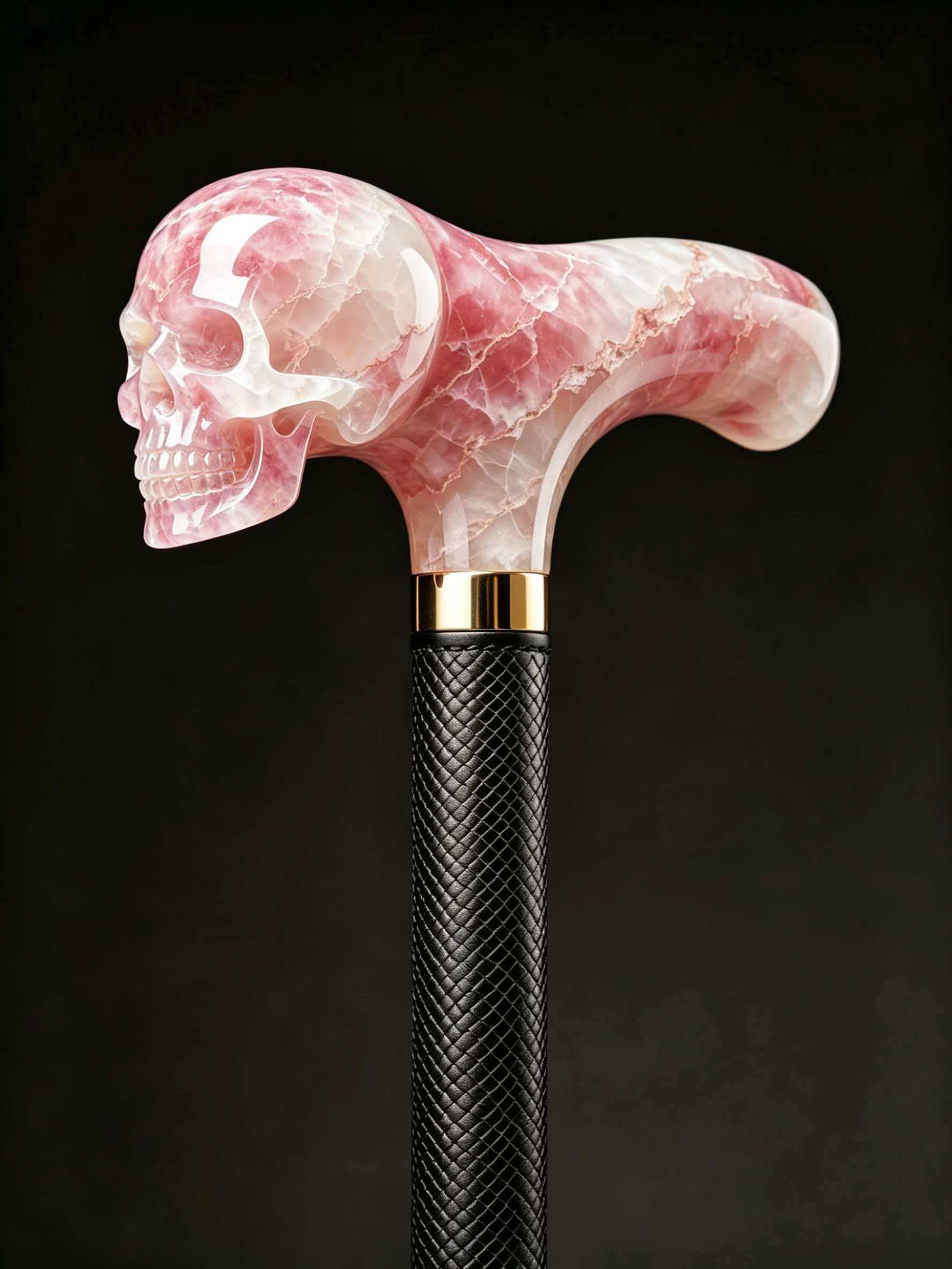 Crystal skull cane handle, luxurious K9 crystal cane head, leather wrapped shaft, suitable for men's decoration and collecting gifts,www.kongzeglobal.com,Crystal skull cane handle, luxurious K9 crystal cane head, leather wrapped shaft, suitable for men's decoration and collecting gifts-www.kongzeglobal.com