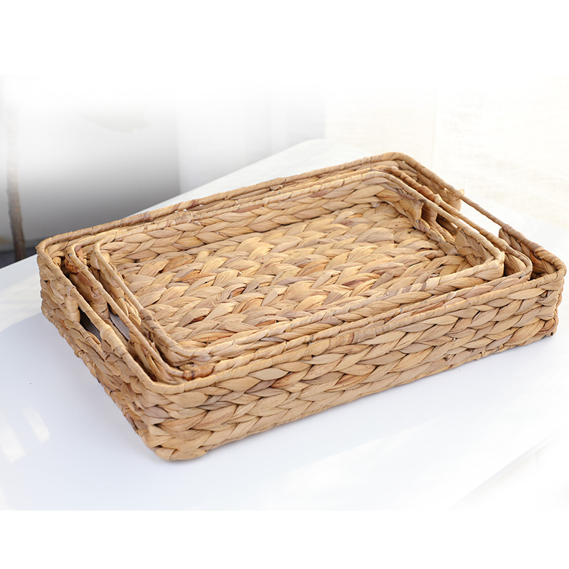 Natural Gourd Straw Woven Rectangular Tray, Handmade Table Storage Basket with Cutout Handles for Coffee Table Dining Nordic Home Decor,www.kongzeglobal.com,Natural willow/grass woven rectangular tray, handmade table storage basket with hollowed out side handles, suitable for Nordic decoration in coffee tables and kitchens