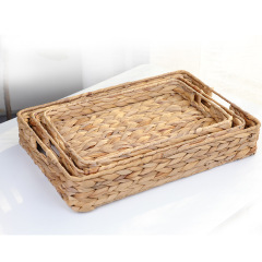 Natural Gourd Straw Woven Rectangular Tray, Handmade Table Storage Basket with Cutout Handles for Coffee Table Dining Nordic Home Decor,www.kongzeglobal.com,Natural willow/grass woven rectangular tray, handmade table storage basket with hollowed out side handles, suitable for Nordic decoration in coffee tables and kitchens