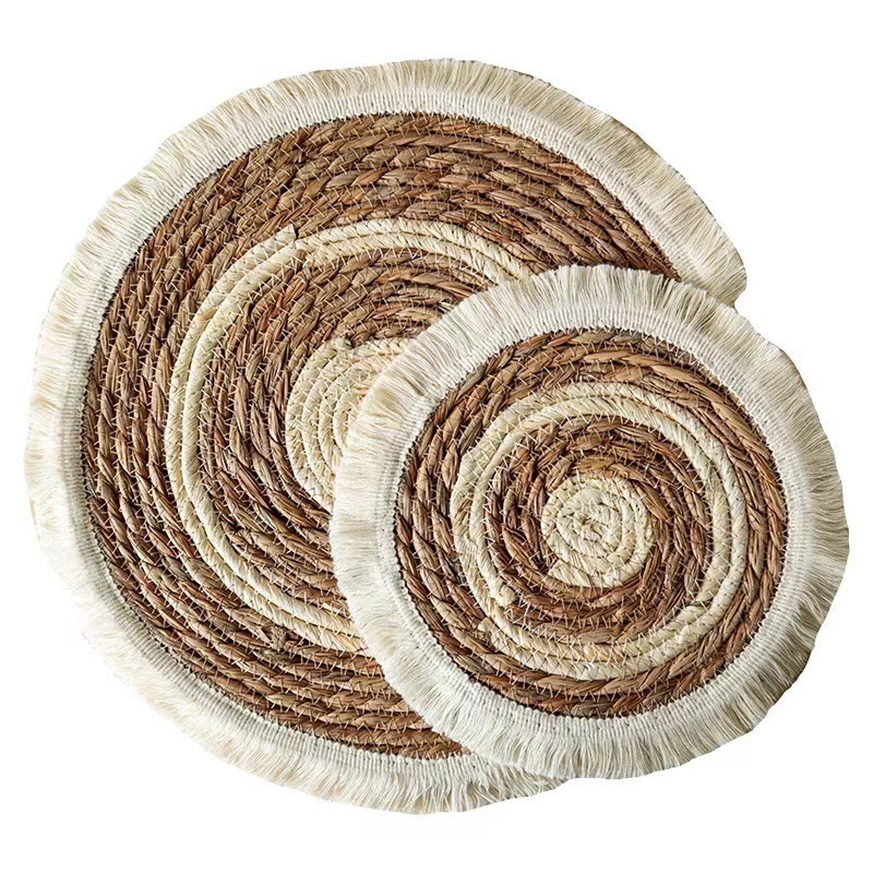Natural Straw Cotton Rope Round Tassel Placemats, Heat Insulation Woven Table Coasters for Dining Table Tea Pot Tableware Decor,www.kongzeglobal.com,Natural Straw Cotton Rope Round Tassel Placemats, Heat Insulation Woven Table Coasters for Dining Table Tea Pot Tableware Decor