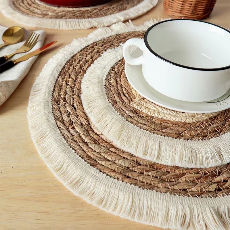 Natural Straw Cotton Rope Round Tassel Placemats, Heat Insulation Woven Table Coasters for Dining Table Tea Pot Tableware Decor,www.kongzeglobal.com,Natural Straw Cotton Rope Round Tassel Placemats, Heat Insulation Woven Table Coasters for Dining Table Tea Pot Tableware Decor