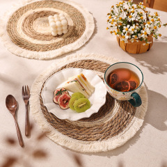 Natural Straw Cotton Rope Round Tassel Placemats, Heat Insulation Woven Table Coasters for Dining Table Tea Pot Tableware Decor,www.kongzeglobal.com,Natural Straw Cotton Rope Round Tassel Placemats, Heat Insulation Woven Table Coasters for Dining Table Tea Pot Tableware Decor