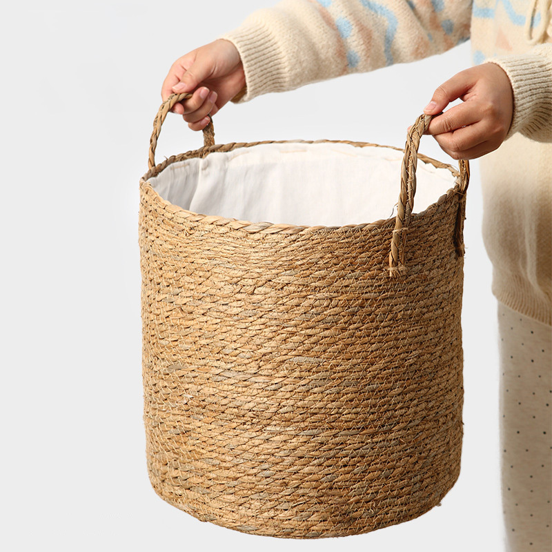 Natural Grass Woven Laundry Hamper, Round Dirty Clothes Storage Basket with Cotton Liner & Dual Handles for Japanese Style Home Bathroom Organizer,www.kongzeglobal.com,Natural Grass Woven Laundry Hamper, Round Dirty Clothes Storage Basket with Cotton Liner & Dual Handles for Japanese Style Home Bathroom Organizer-www.kongzeglobal.com