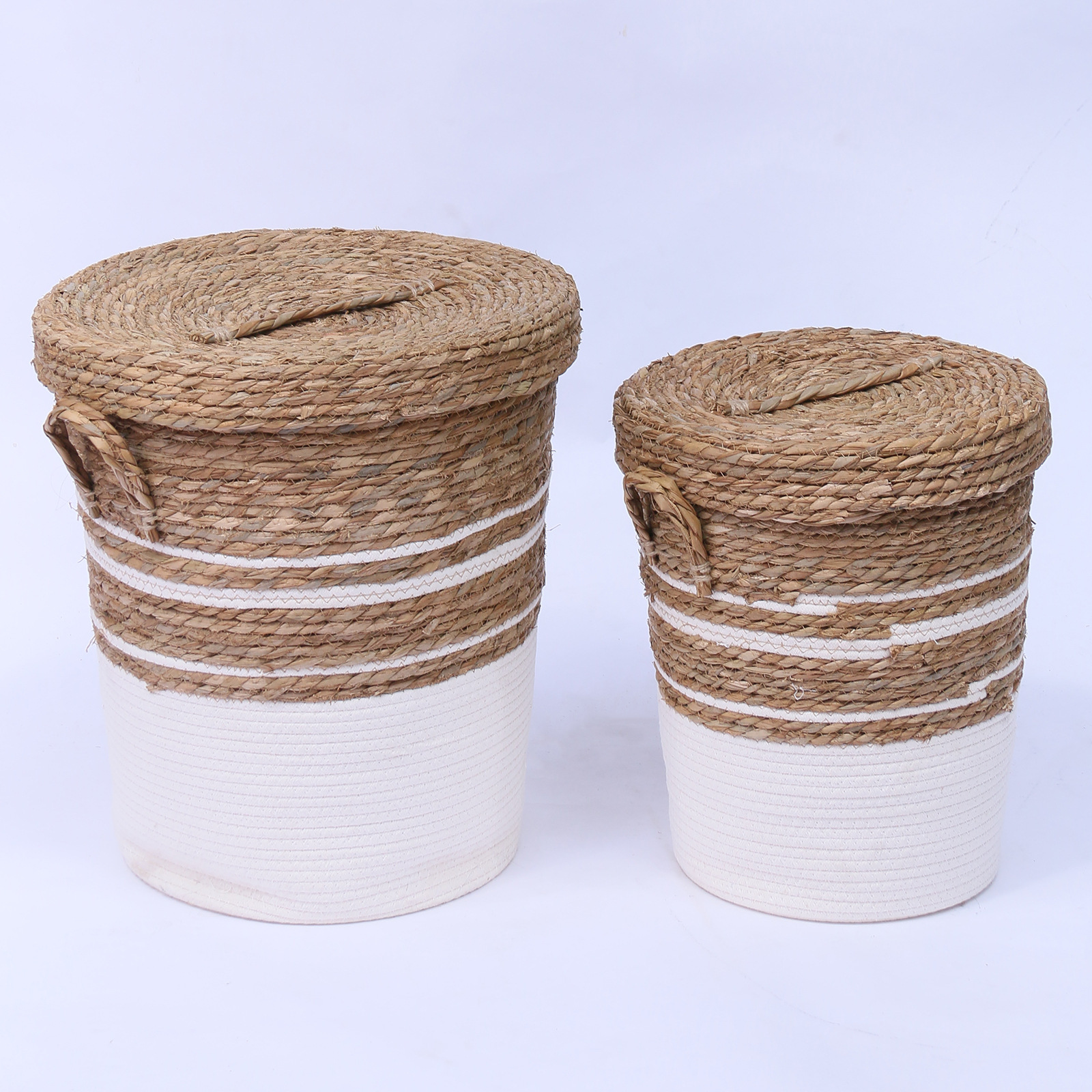 Lidded Natural Straw Cotton Rope Laundry Basket Set, Two Size Hand Woven Dirty Clothes Storage Bin with Carry Handles for Bathroom Bedroom Home Organizer,www.kongzeglobal.com,Lidded Natural Straw Cotton Rope Laundry Basket Set, Two Size Hand Woven Dirty Clothes Storage Bin with Carry Handles for Bathroom Bedroom Home Organizer-www.kongzeglobal.com