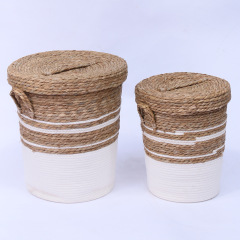 Lidded Natural Straw Cotton Rope Laundry Basket Set, Two Size Hand Woven Dirty Clothes Storage Bin with Carry Handles for Bathroom Bedroom Home Organizer,www.kongzeglobal.com,Lidded Natural Straw Cotton Rope Laundry Basket Set, Two Size Hand Woven Dirty Clothes Storage Bin with Carry Handles for Bathroom Bedroom Home Organizer-www.kongzeglobal.com