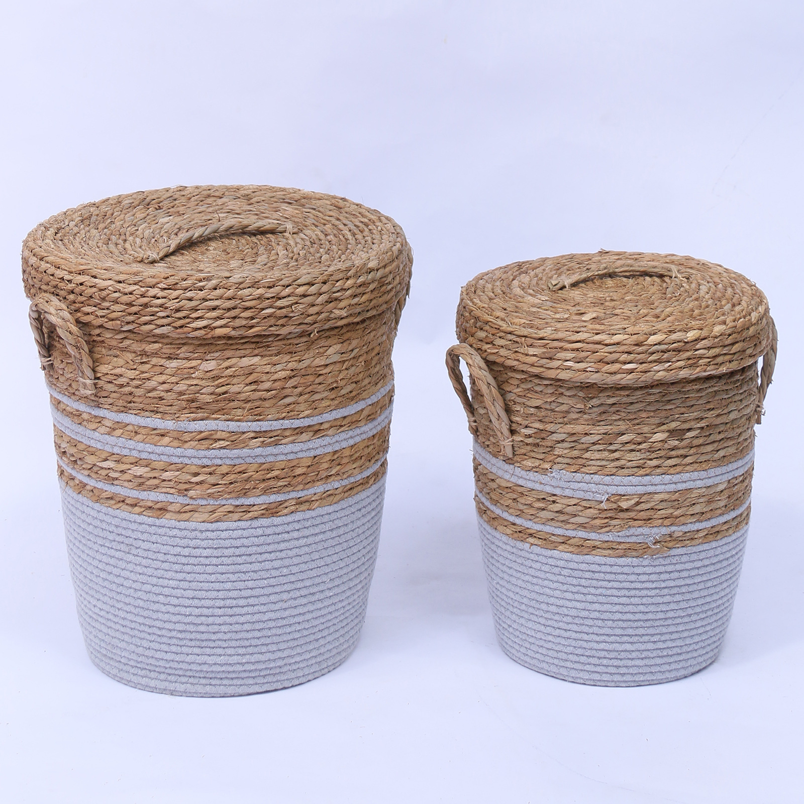 Lidded Natural Straw Cotton Rope Laundry Basket Set, Two Size Hand Woven Dirty Clothes Storage Bin with Carry Handles for Bathroom Bedroom Home Organizer,www.kongzeglobal.com,Lidded Natural Straw Cotton Rope Laundry Basket Set, Two Size Hand Woven Dirty Clothes Storage Bin with Carry Handles for Bathroom Bedroom Home Organizer-www.kongzeglobal.com