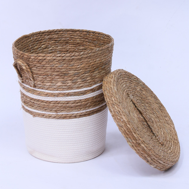 Lidded Natural Straw Cotton Rope Laundry Basket Set, Two Size Hand Woven Dirty Clothes Storage Bin with Carry Handles for Bathroom Bedroom Home Organizer,www.kongzeglobal.com,Lidded Natural Straw Cotton Rope Laundry Basket Set, Two Size Hand Woven Dirty Clothes Storage Bin with Carry Handles for Bathroom Bedroom Home Organizer-www.kongzeglobal.com