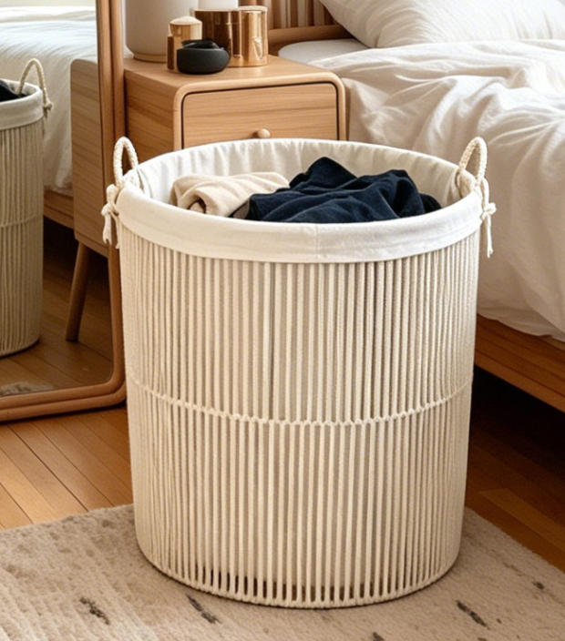 Nordic Cream White Cotton Rope Laundry Basket, Large Round Lined Dirty Clothes Storage Hamper with Handles for Bathroom Bedroom Organizer,www.kongzeglobal.com,Nordic Cream White Cotton Rope Laundry Basket, Large Round Lined Dirty Clothes Storage Hamper with Handles for Bathroom Bedroom Organizer-www.kongzeglobal.com