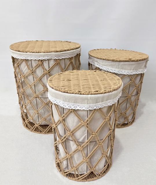 Three Sizes Natural Jute Rope Woven Laundry Basket with Lid, Metal Frame Dirty Clothes Storage Hamper with Lace Liner for Home Bathroom Decor,www.kongzeglobal.com,Three Sizes Natural Jute Rope Woven Laundry Basket with Lid, Metal Frame Dirty Clothes Storage Hamper with Lace Liner for Home Bathroom Decor-www.kongzeglobal.com