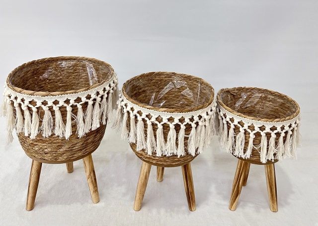 3-Piece Natural Woven Plant Stand Set, Tassel Trim Rattan Basket Tripod Wooden Flower Rack for Living Room Floor Green Plant Display,www.kongzeglobal.com,3-Piece Natural Woven Plant Stand Set, Tassel Trim Rattan Basket Tripod Wooden Flower Rack for Living Room Floor Green Plant Display-www.kongzeglobal.com