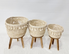 3-Piece Natural Woven Plant Stand Set, Tassel Trim Rattan Basket Tripod Wooden Flower Rack for Living Room Floor Green Plant Display,www.kongzeglobal.com,3-Piece Natural Woven Plant Stand Set, Tassel Trim Rattan Basket Tripod Wooden Flower Rack for Living Room Floor Green Plant Display-www.kongzeglobal.com