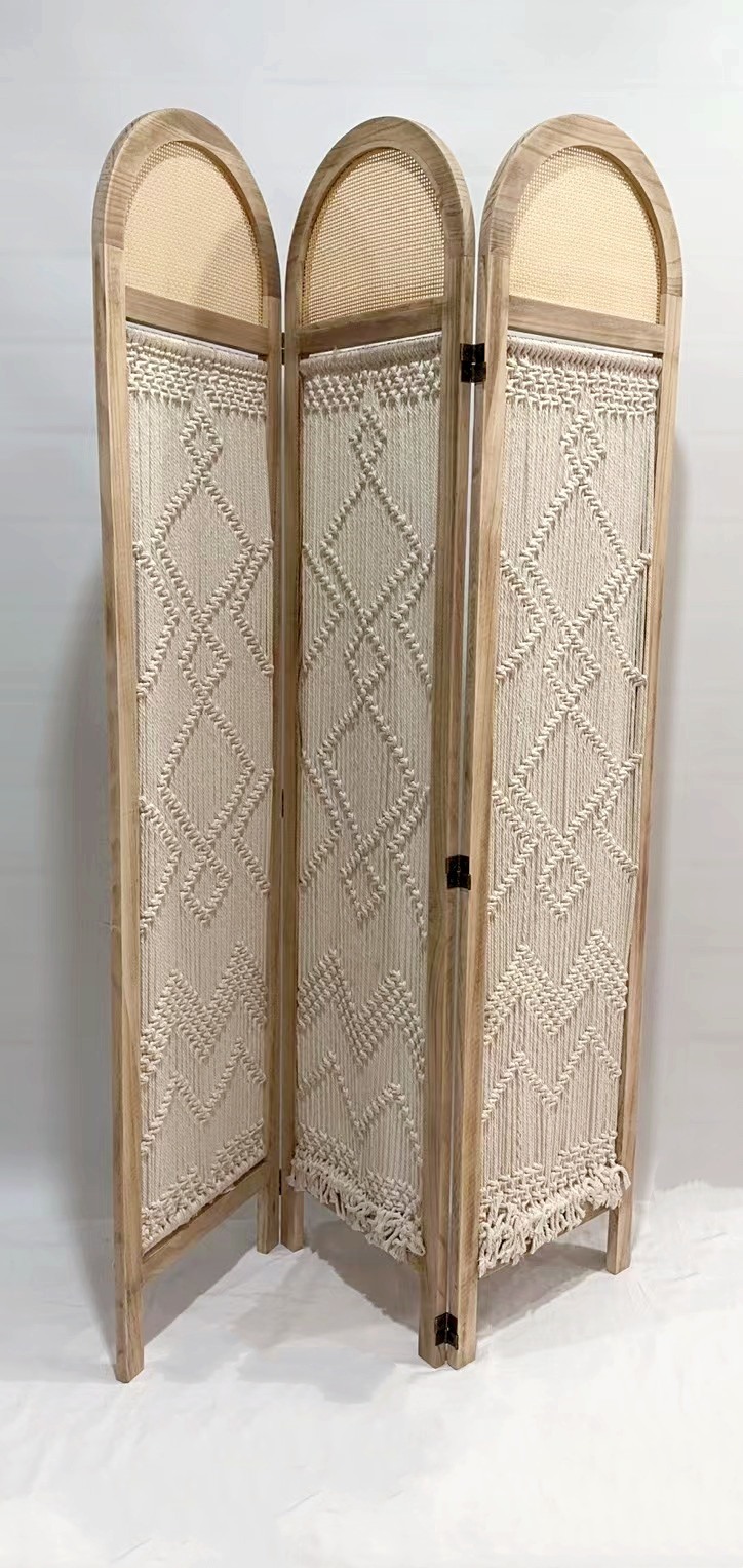 3-Panel Cotton Rope Room Divider Screen, Solid Wood Frame Foldable Woven Partition Screen for Boho Nordic Home Decor,www.kongzeglobal.com,3-Panel Cotton Rope Room Divider Screen, Solid Wood Frame Foldable Woven Partition Screen for Boho Nordic Home Decor-www.kongzeglobal.com