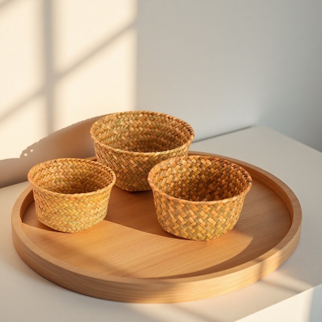 Natural Seagrass Woven Round Storage Basket, Mini Handwoven Organizer Bowl for Kitchen Garlic Snack Desktop Key Remote Sundry Storage,www.kongzeglobal.com,Natural Seagrass Woven Round Storage Basket, Mini Handwoven Organizer Bowl for Kitchen Garlic Snack Desktop Key Remote Sundry Storage