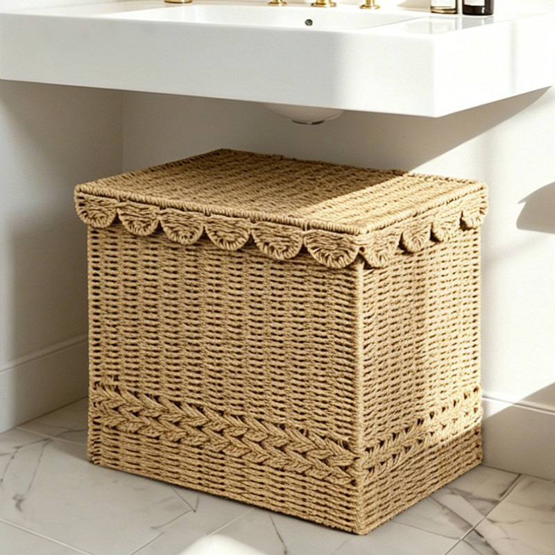 Lidded Scalloped Edge Rectangular Woven Laundry Hamper, Large Capacity Bathroom Under Sink Storage Basket for Dirty Clothes Sundry Organizer,www.kongzeglobal.com,Lidded Scalloped Edge Rectangular Woven Laundry Hamper, Large Capacity Bathroom Under Sink Storage Basket for Dirty Clothes Sundry Organizer-www.kongzeglobal.com